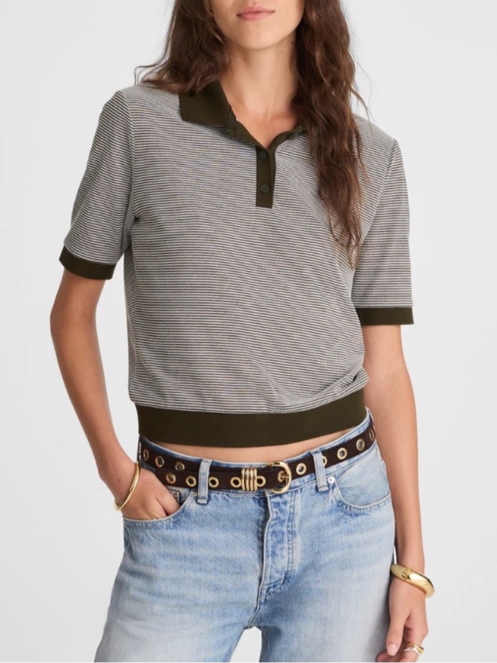 Madewell Black and White Striped Polo with Olive Trim